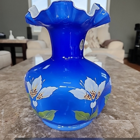 Fenton Other - Fenton Blue Overlay Cased Glass White, Hand Painted, Pinched Side, Ruffled Top